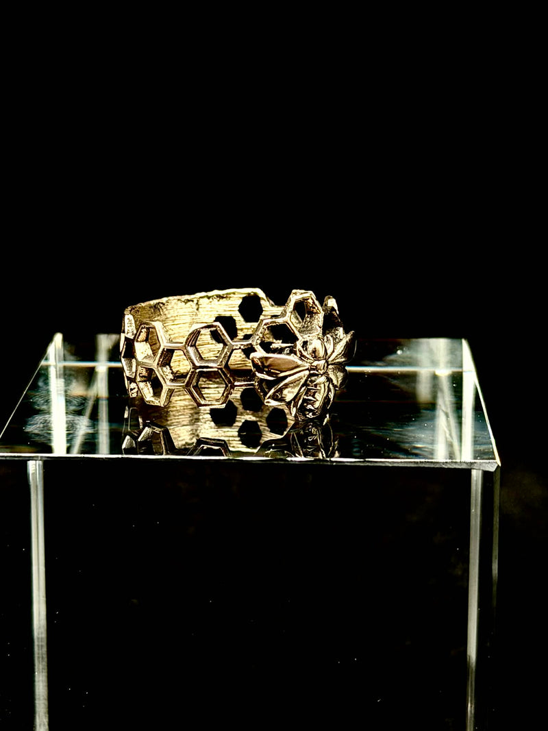 Honeycomb Bee Ring hand-cast ancient brass front view