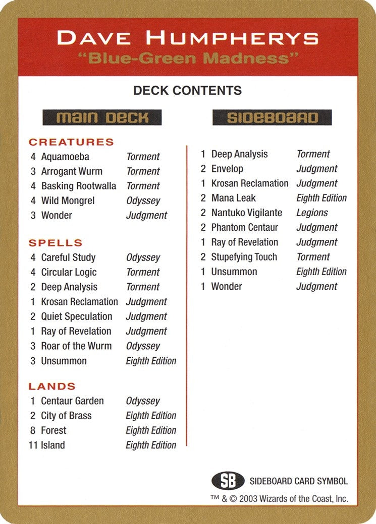 2003 Dave Humpherys Decklist Card [WCD]
