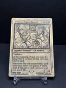 Actual engraving example - Y'shtola metal trading card, close-up product photograph