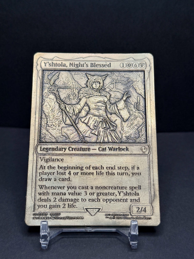 Actual engraving example - Y'shtola metal trading card, close-up product photograph