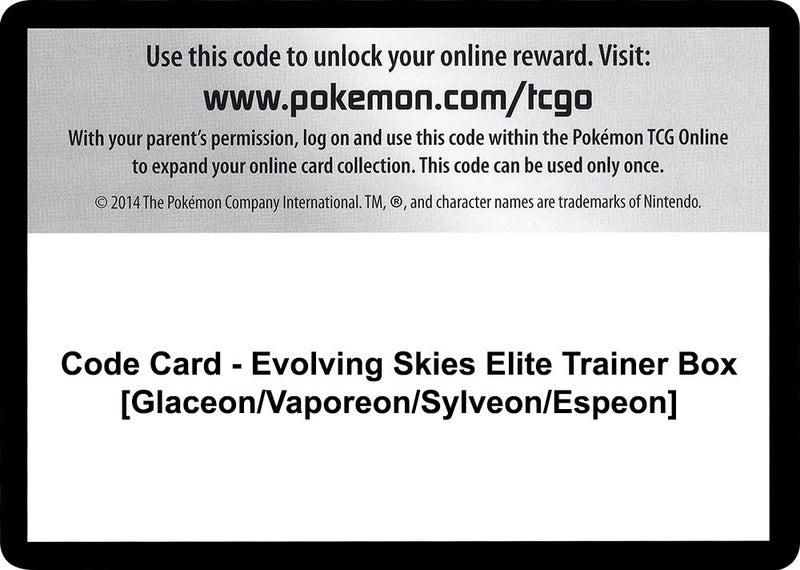 Code Card Evolving Skies Elite Trainer Box Glaceon Vaporeon Sylveon Espeon [SWSH07]