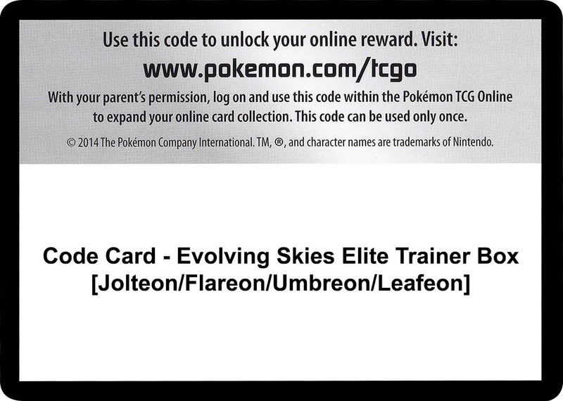 Code Card Evolving Skies Elite Trainer Box Jolteon Flareon Umbreon Leafeon [SWSH07]