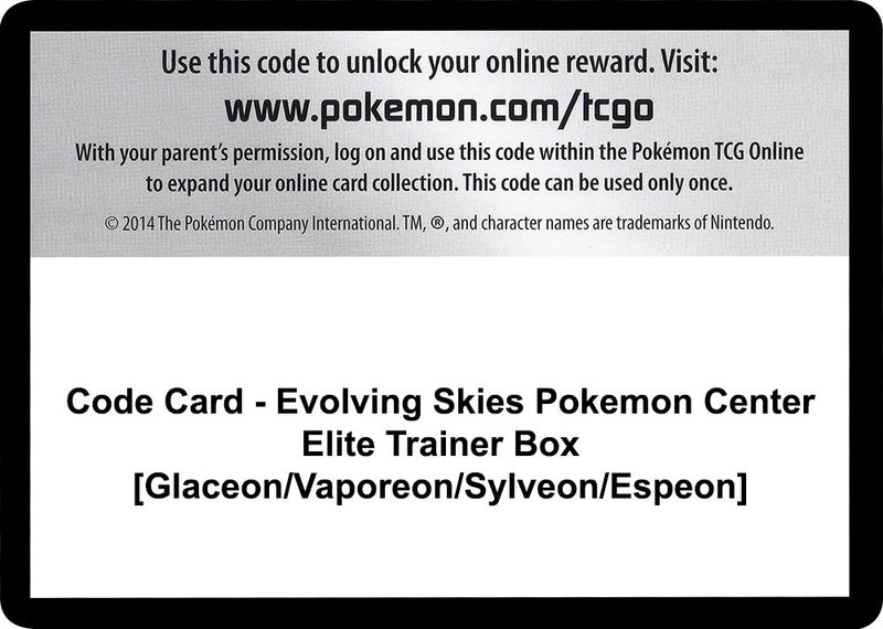 Code Card Evolving Skies Pokemon Center Elite Trainer Box Glaceon Vaporeon Sylveon Espeon [SWSH07]