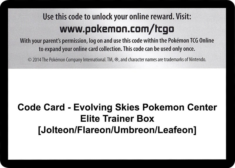 Code Card Evolving Skies Pokemon Center Elite Trainer Box Jolteon Flareon Umbreon Leafeon [SWSH07]