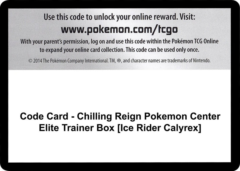 Code Card Chilling Reign Pokemon Center Elite Trainer Box Ice Rider Calyrex [SWSH06]