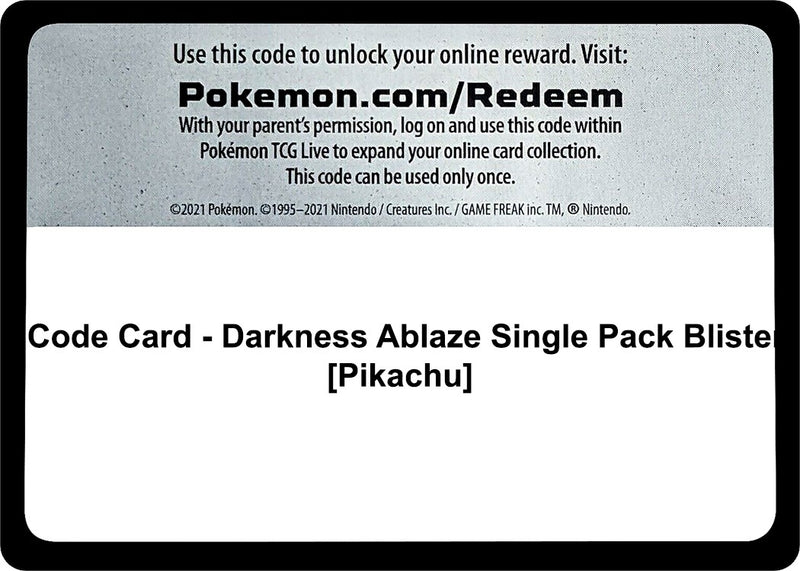Code Card Darkness Ablaze Single Pack Blister Pikachu [SWSH03]