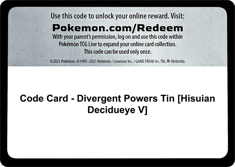 Code Card Divergent Powers Tin Hisuian Decidueye V [MCAP]