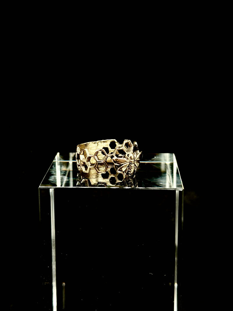 Honeycomb Bee Ring hand-cast ancient brass detail view