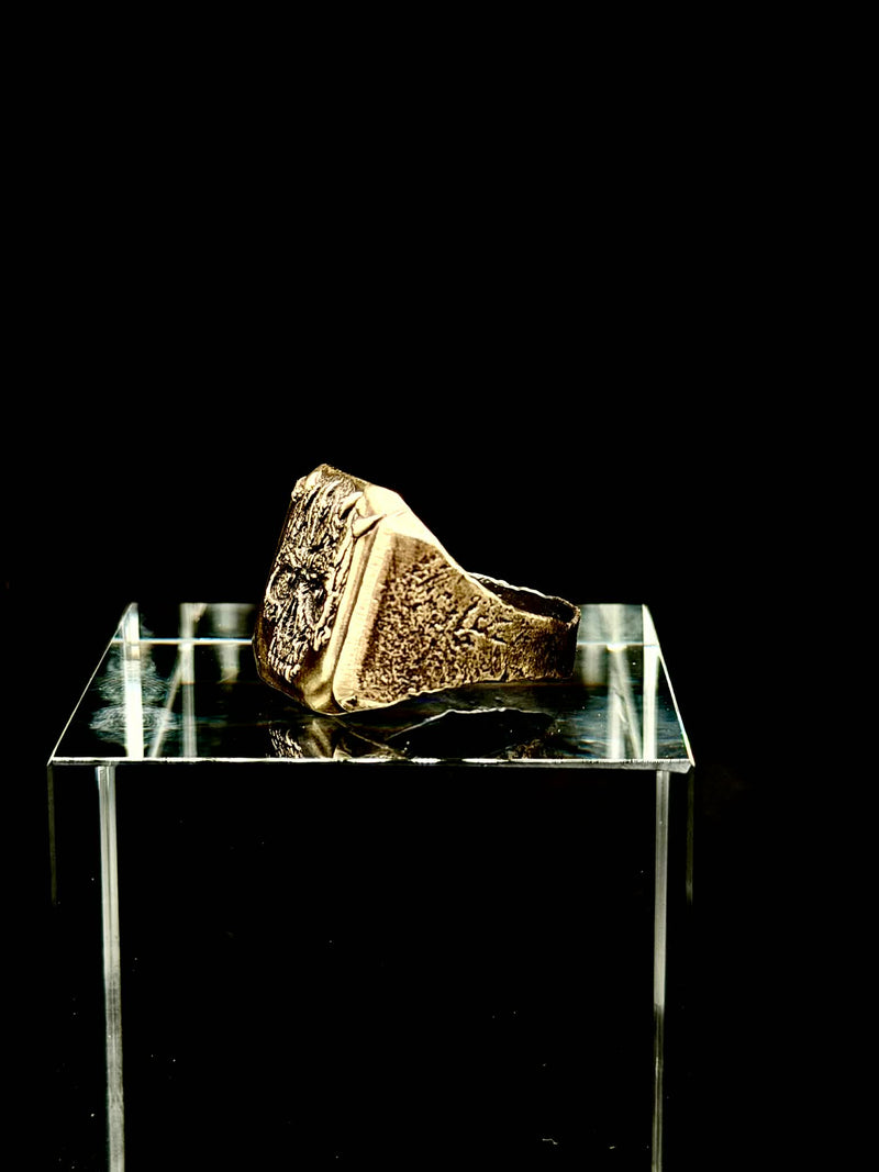 Horned Demon Skull Ring hand-cast ancient brass angle view
