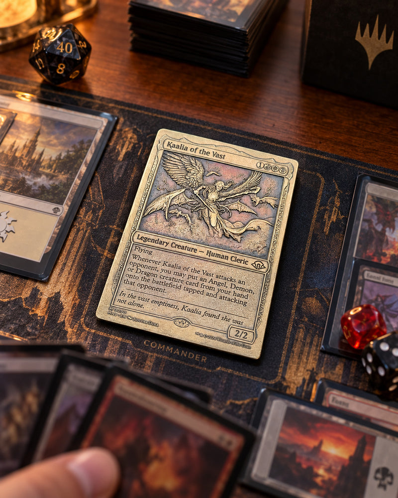 Illustrative Commander gameplay scene featuring engraved Kaalia metal card