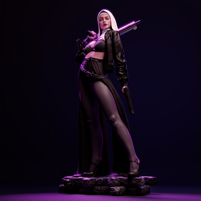 Nun with Gun Resin Statue - view 2