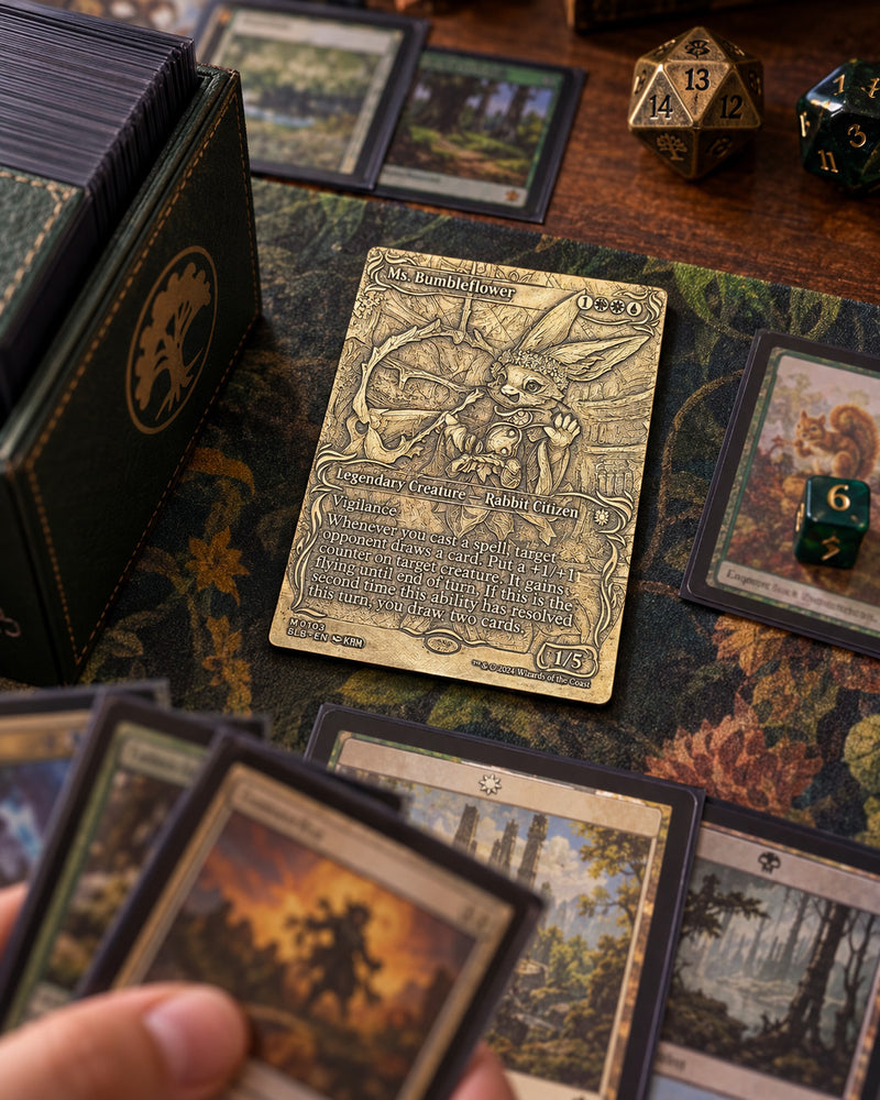 Illustrative Commander gameplay scene featuring engraved Ms. Bumbleflower metal card