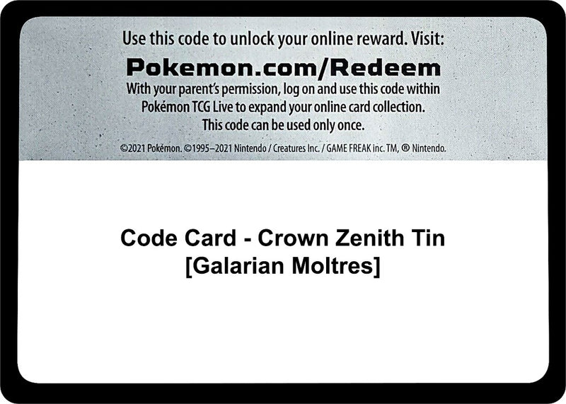 Code Card Crown Zenith Tin Galarian Moltres [CRZ]