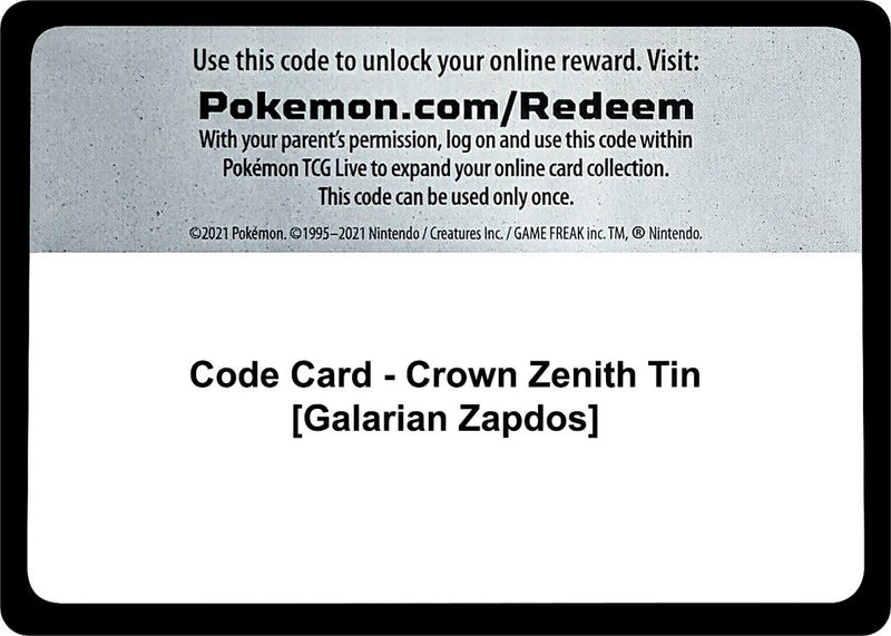 Code Card Crown Zenith Tin Galarian Zapdos [CRZ]