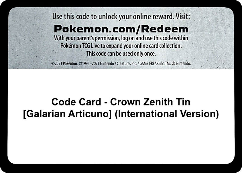 Code Card Crown Zenith Tin Galarian Articuno International Version [CRZ]