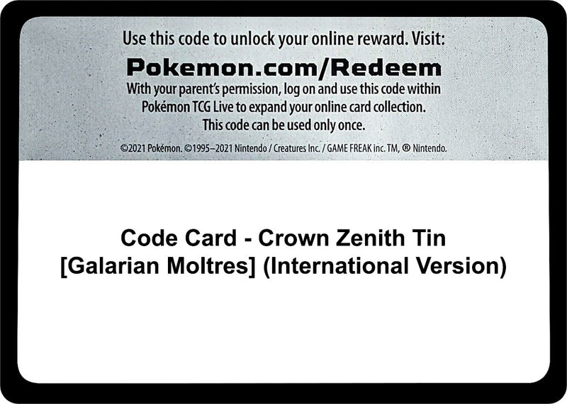 Code Card Crown Zenith Tin Galarian Moltres International Version [CRZ]