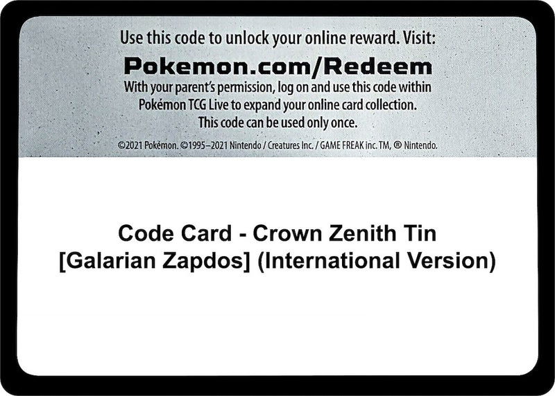 Code Card Crown Zenith Tin Galarian Zapdos International Version [CRZ]