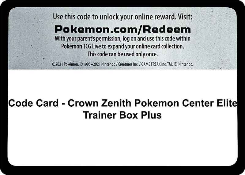 Code Card Crown Zenith Pokemon Center Elite Trainer Box Plus [CRZ]