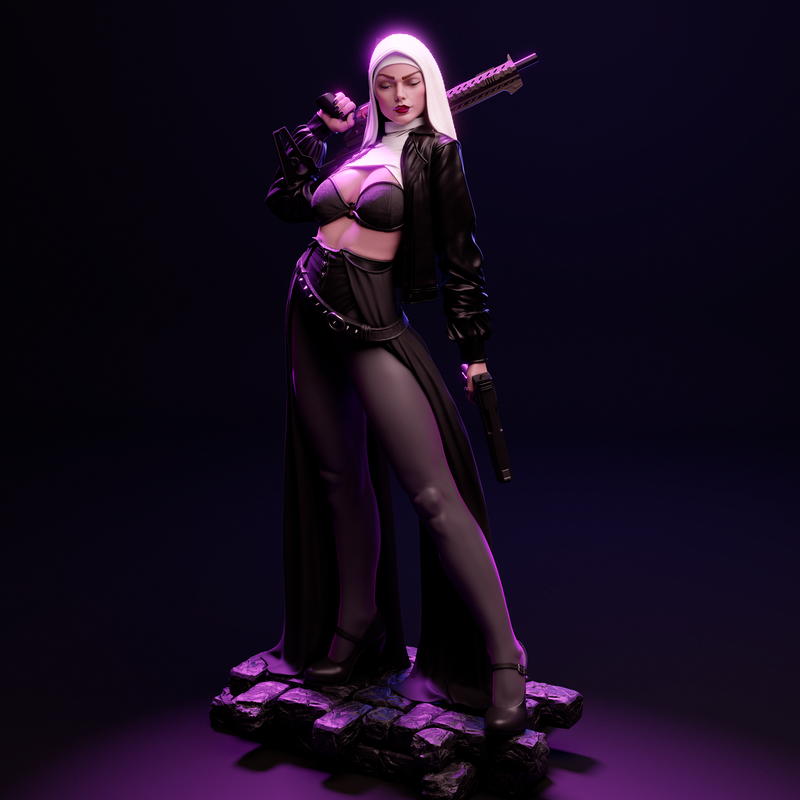 Nun with Gun Resin Statue - view 5