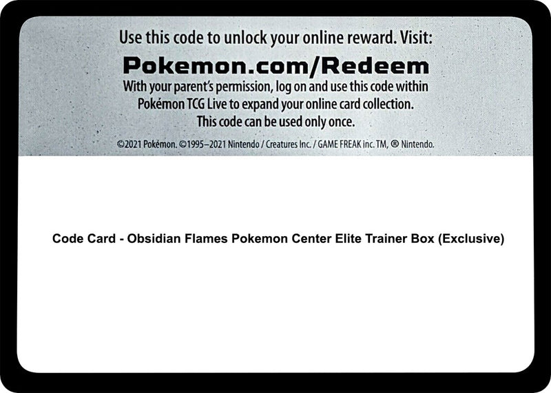 Code Card Obsidian Flames Pokemon Center Elite Trainer Box Exclusive [OBF]