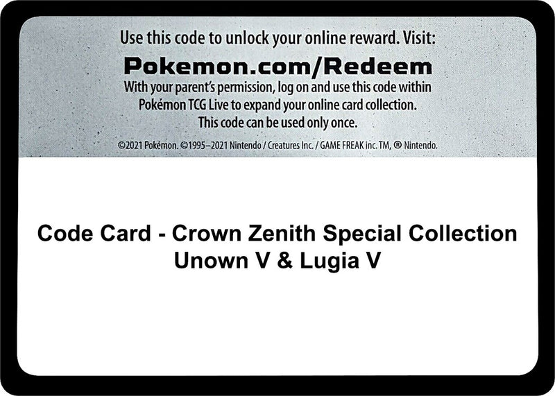 Code Card Crown Zenith Special Collection Unown V and Lugia V [CRZ]