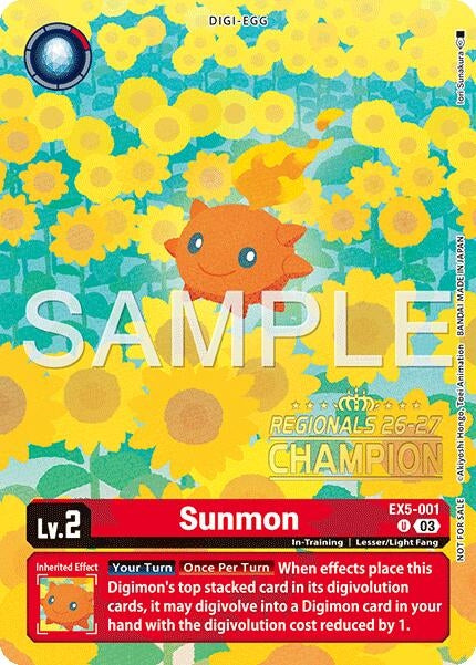 Image for Sunmon (Regionals 26-27 Season 1 Champion) (EX5-001 U) (Animal Colosseum) - Digimon Card Game