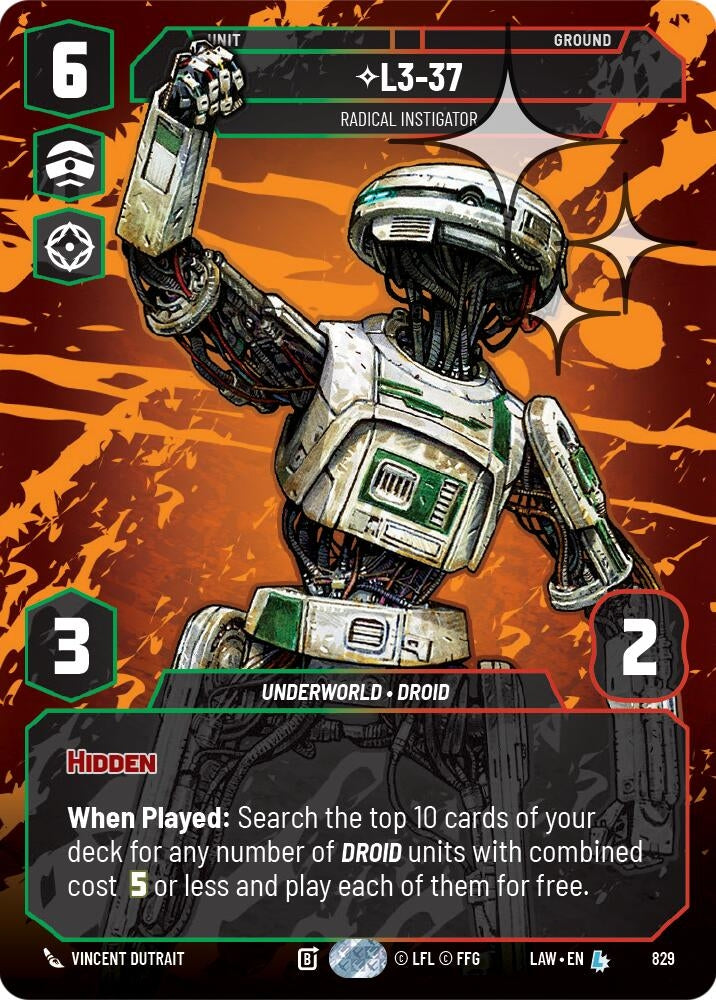 Image for L3-37 - Radical Instigator (Prestige Foil) (829) (A Lawless Time) - Star Wars: Unlimited