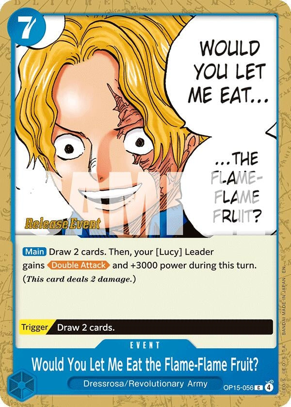 Image for Would You Let Me Eat the Flame-Flame Fruit? (OP15-056) (Adventure on Kami's Island Release Event Cards) - One Piece Card Game