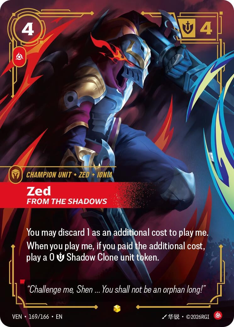 Image for Zed - From the Shadows (Overnumbered) (169/166) (Vendetta) (VEN) - Riftbound: League of Legends Trading Card Game