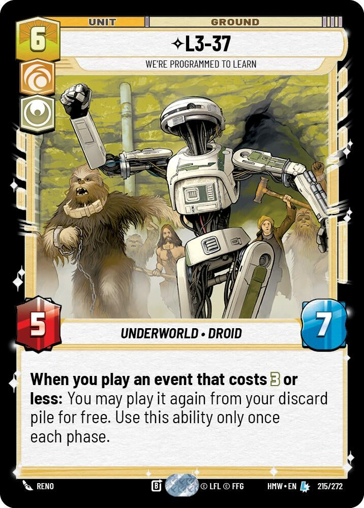 Image for L3-37 - We're Programmed to Learn (215/272) (Homeworlds) (HMW) - Star Wars: Unlimited