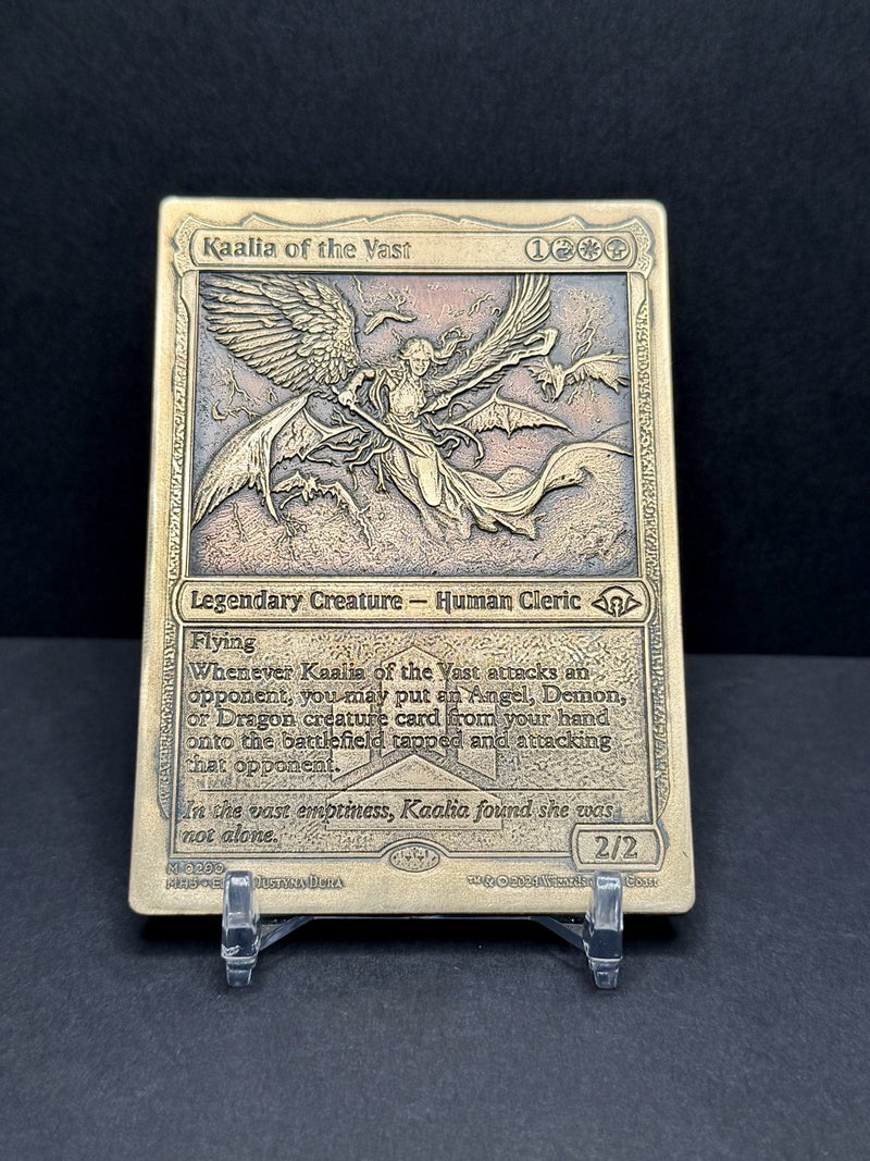 Actual engraving example - Kaalia metal trading card, close-up product photograph