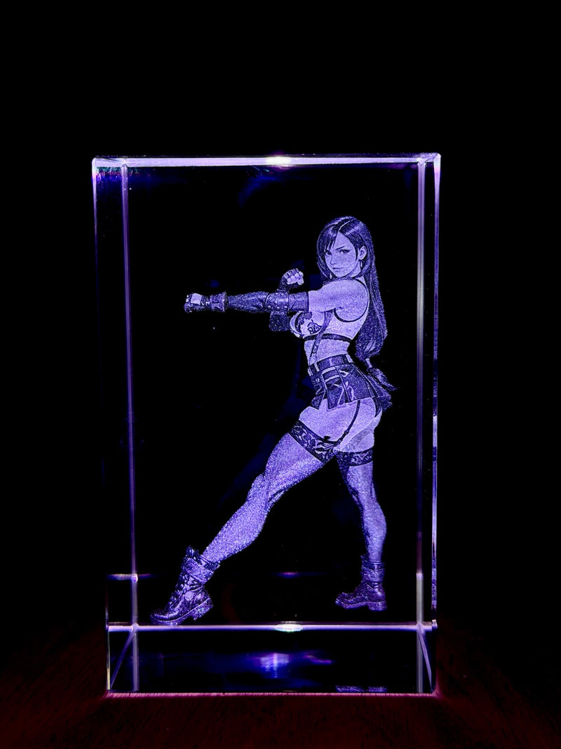 3D laser engraving of a character on a transparent crystal block