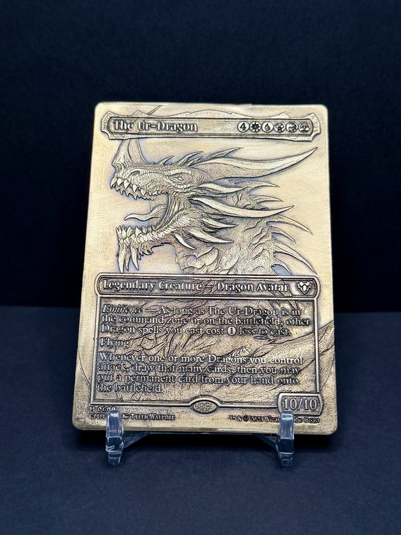 Actual engraving example - The Ur-Dragon metal trading card, close-up product photograph
