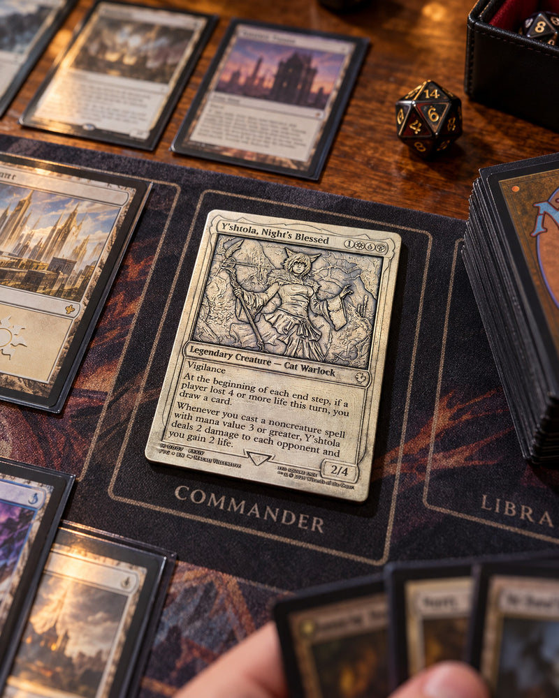 Illustrative Commander gameplay scene featuring an engraved Y'shtola metal card