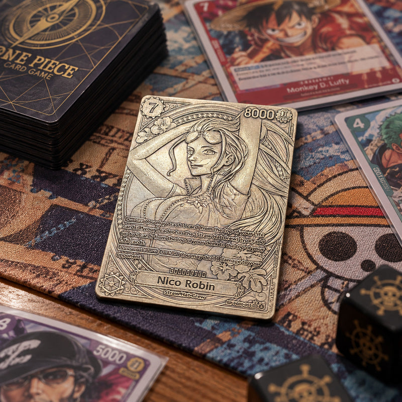Illustrative One Piece TCG tabletop scene featuring engraved metal Nico Robin card