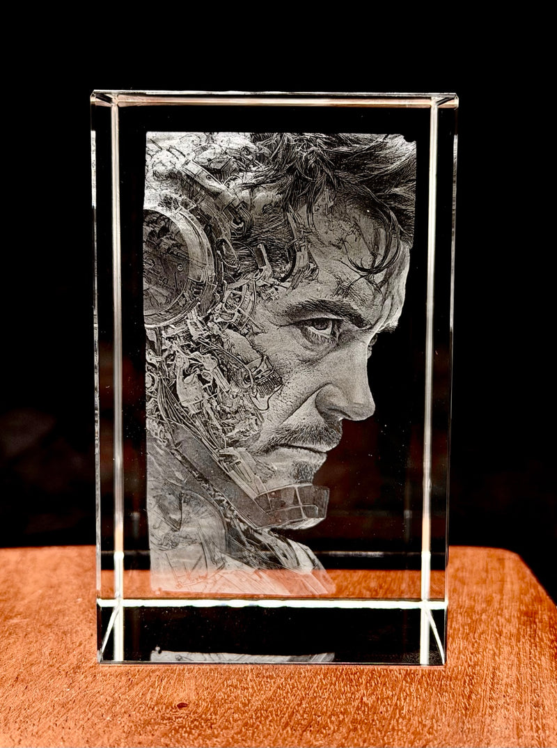 Iron Man Tony Stark Portrait 3D Crystal Engraving – K9 Optical Laser Display
