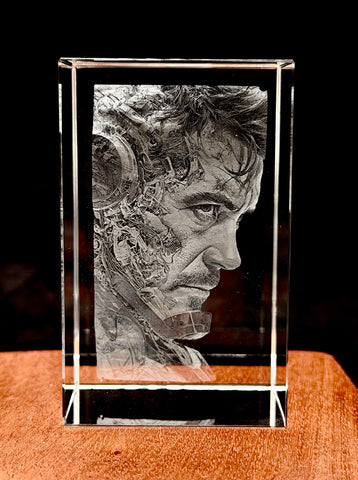 Iron Man Tony Stark Portrait 3D Crystal Engraving – K9 Optical Laser Display
