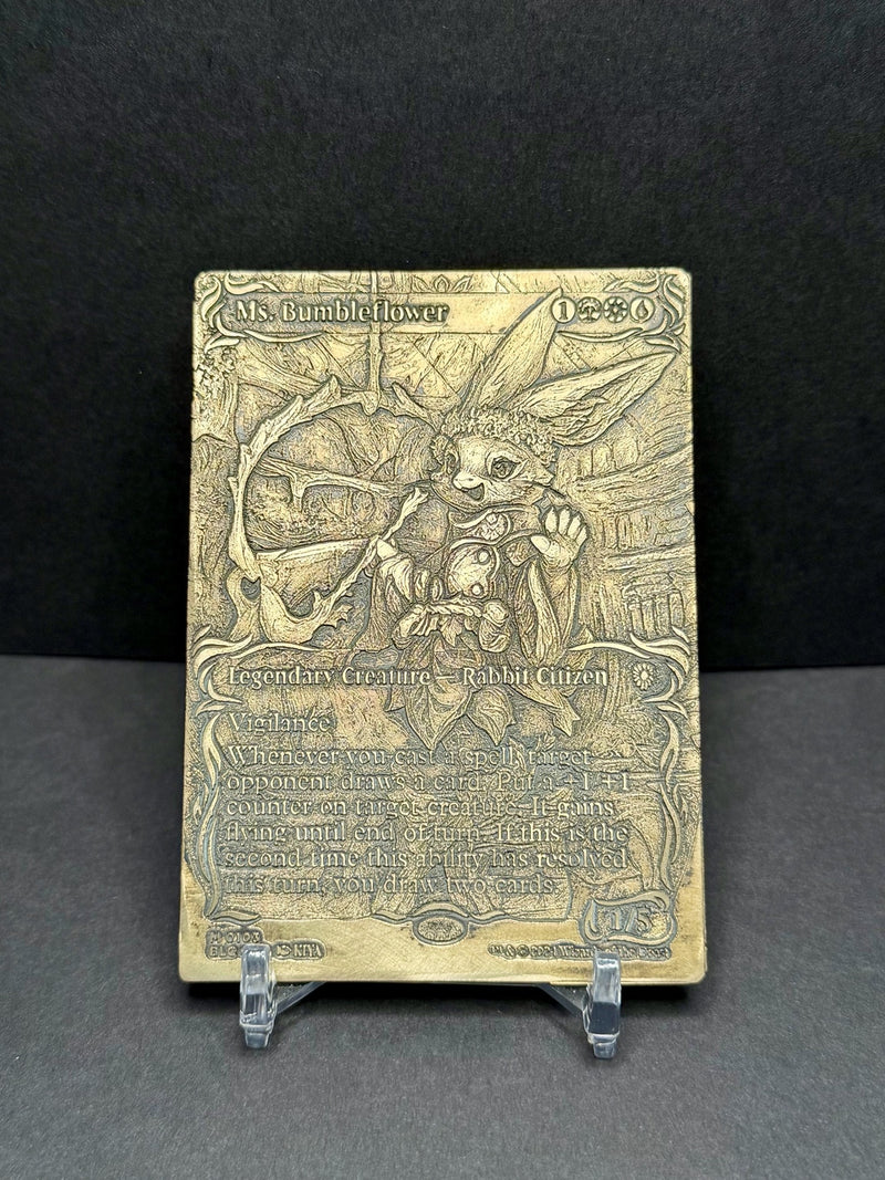 Actual engraving example - Ms. Bumbleflower engraved metal card