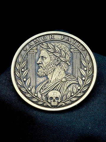 Amor Fati Stoic Coin 40mm Brass Engraved Roman Skull EDC Art Medallion