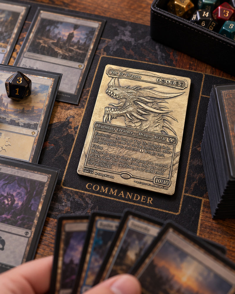 Illustrative tabletop scene featuring engraved metal Ur-Dragon card