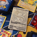 Illustrative Pokemon TCG tabletop scene featuring engraved metal Pikachu card