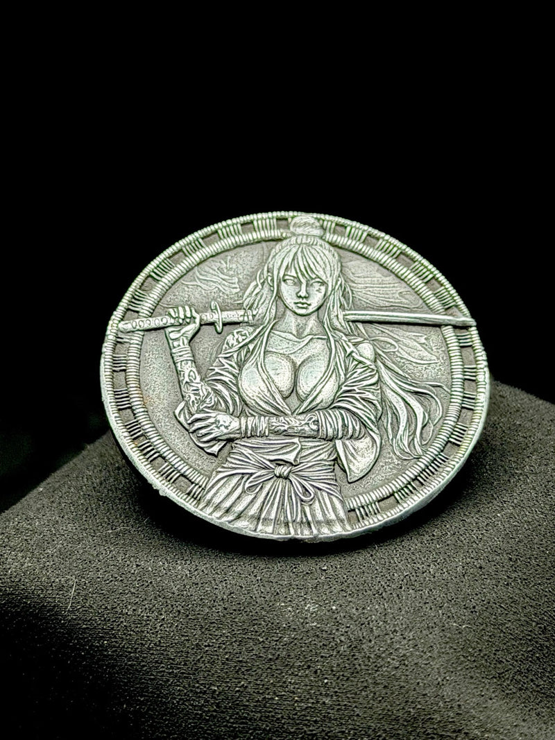 Female Samurai Warrior Coin 40mm Zinc Engraved Katana EDC Art Medallion