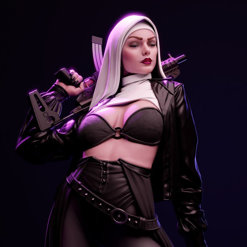 Nun with Gun Resin Statue - view 3