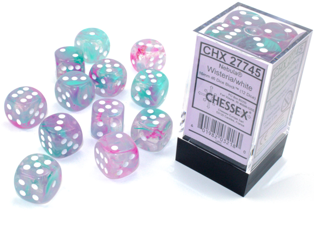 Nebula: 16mm d6 Wisteria/white Luminary Dice Block (12 dice)