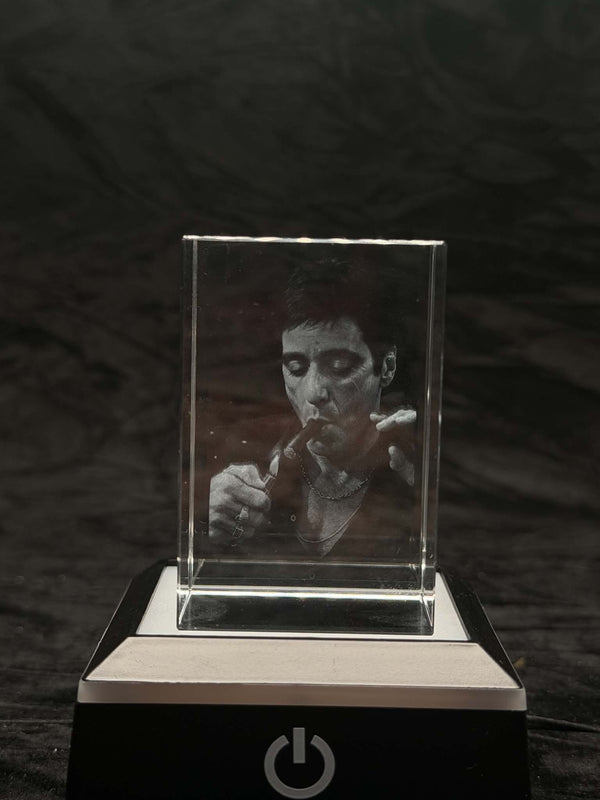 Scarface Tony Montana Portrait 2D K9 Crystal Engraving – 60 × 40 × 40 mm