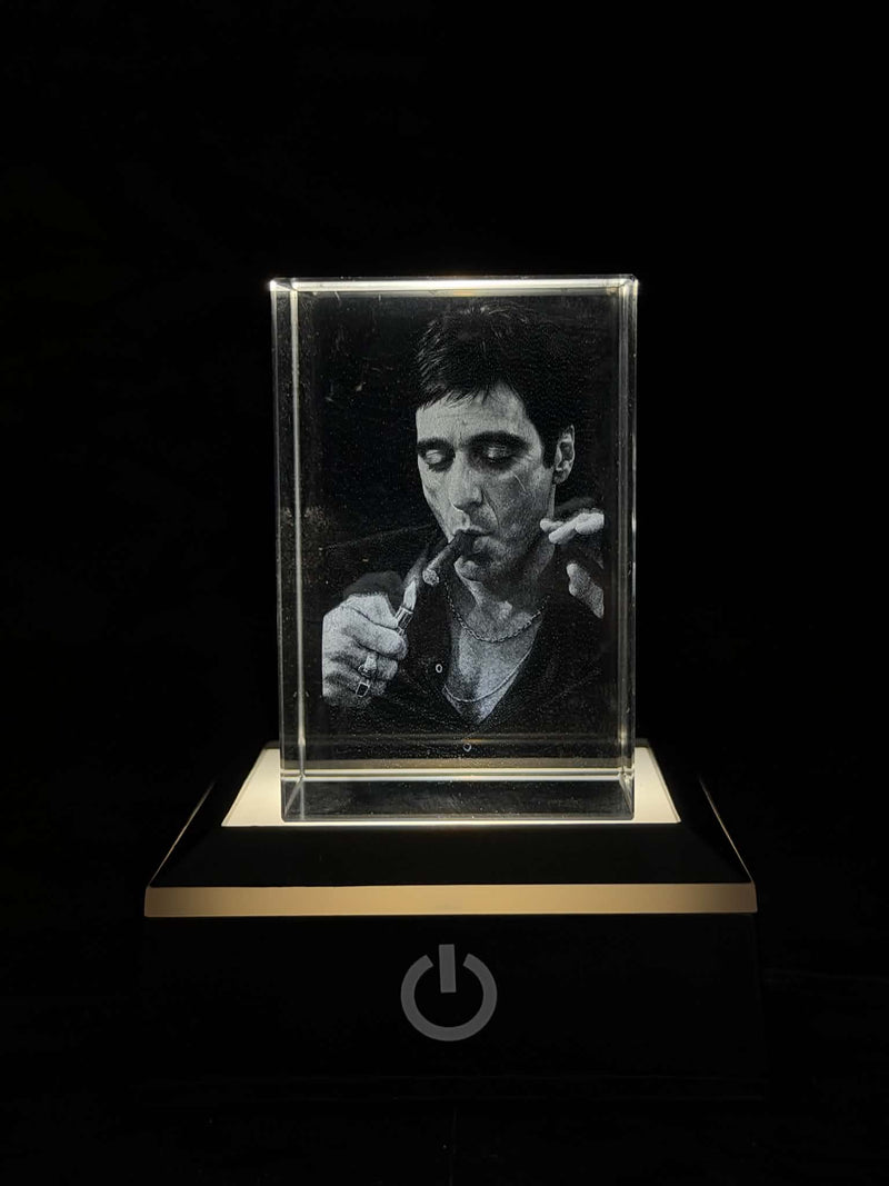 Scarface Tony Montana Portrait 2D K9 Crystal Engraving – 60 × 40 × 40 mm
