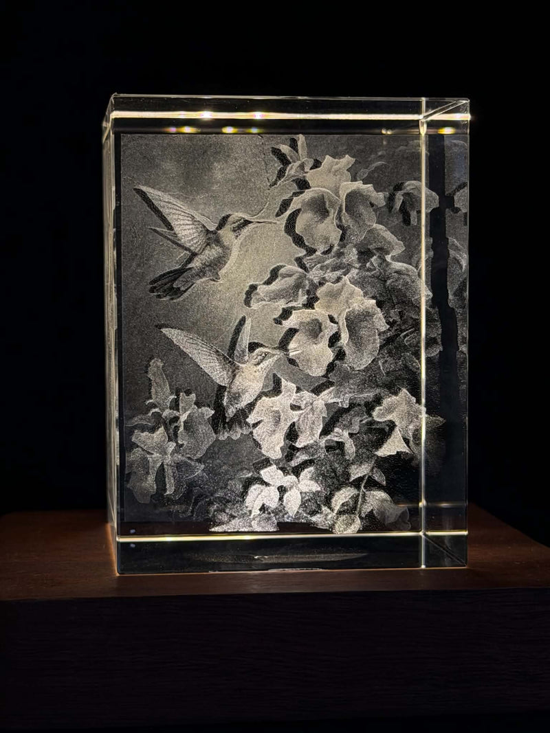 Hummingbirds and Flowers 2D K9 Crystal Engraving – 60 × 40 × 40 mm