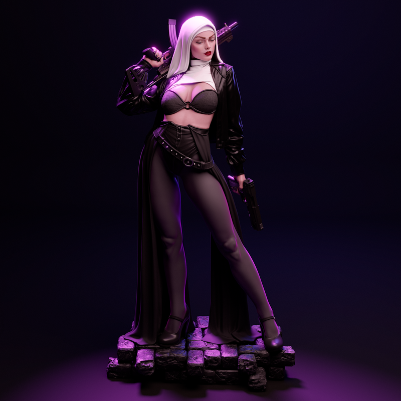 Nun with Gun Resin Statue - view 4