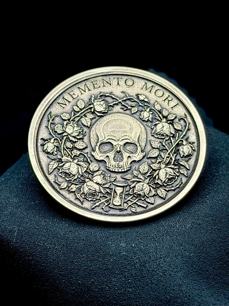 Memento Mori Coin 40mm Brass Engraved Skull Roses Stoic EDC Art Medallion