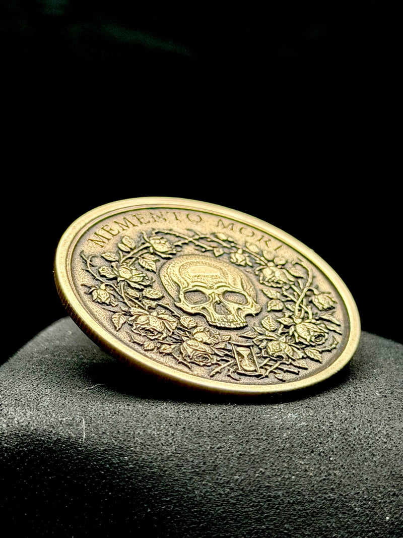 Memento Mori Coin 40mm Brass Engraved Skull Roses Stoic EDC Art Medallion
